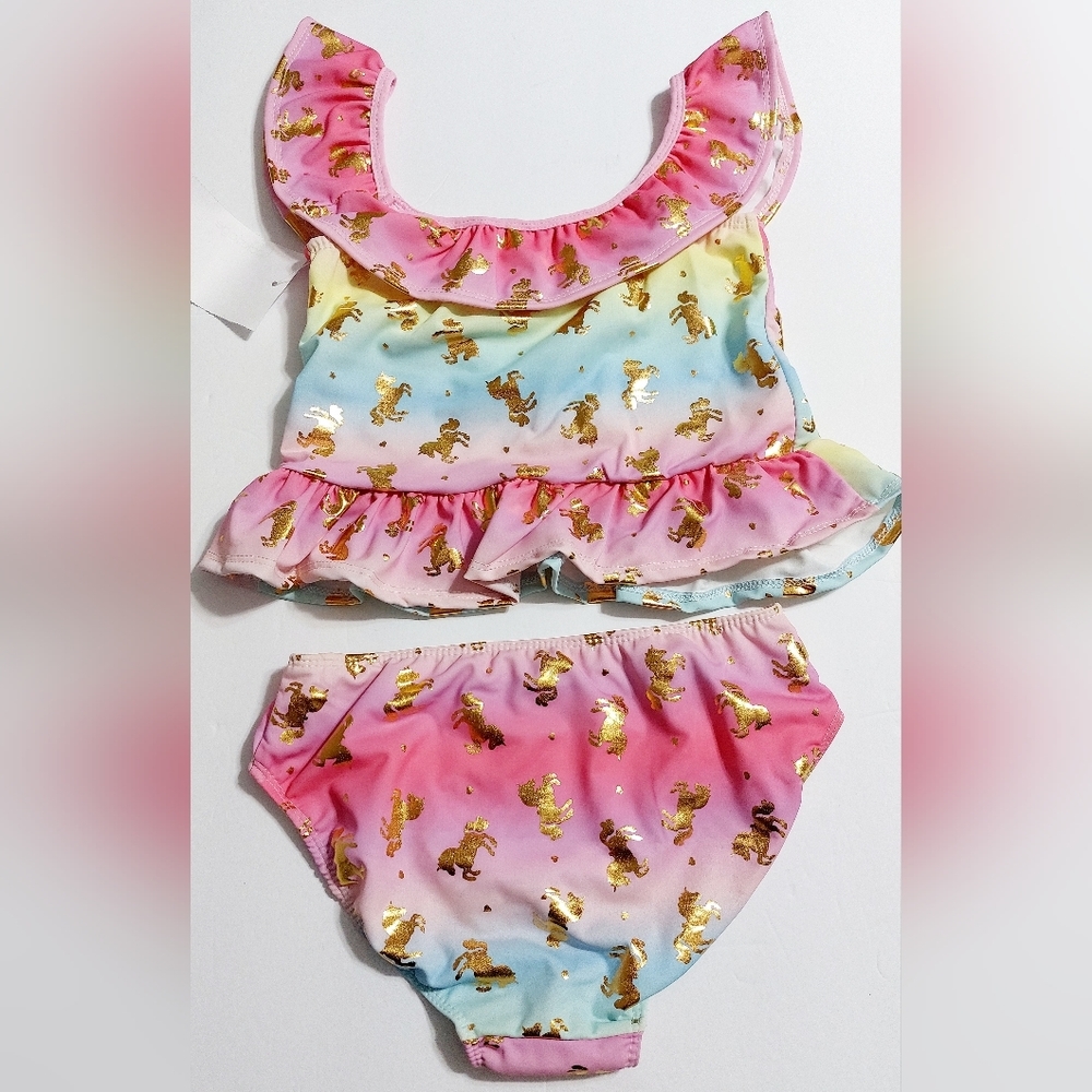 Girls Unicorn Ombre 2-Piece Swimsuit Ruffle Top Gold Foil Print Size 12 NWT - Picture 6 of 7